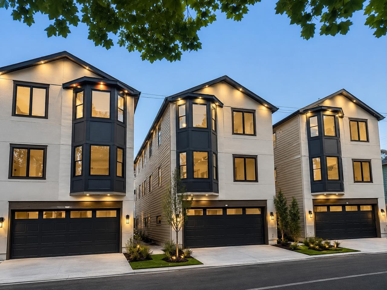 Three finished townhomes at dusk with lighting and landscaping